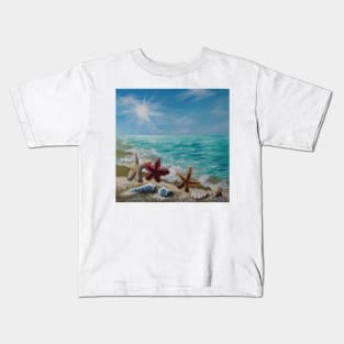 Tropical Summer Turquoise Ocean Waves Sandy Beach Seashells Kids T-Shirt